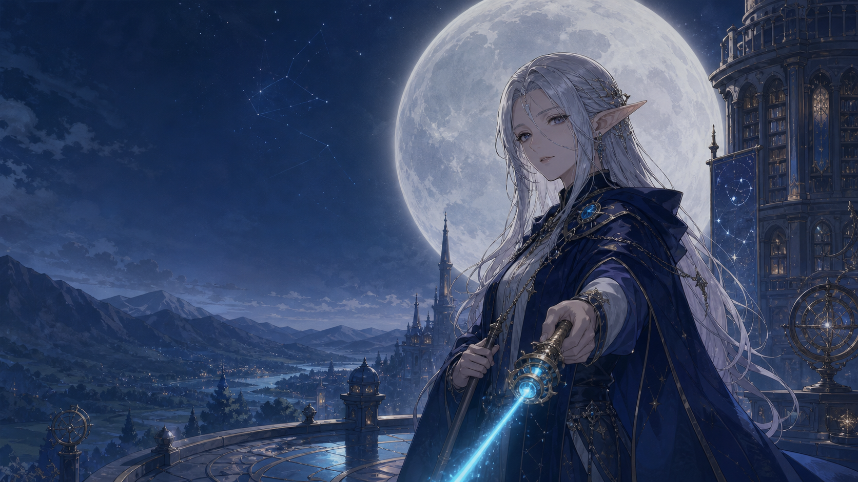 月亮前的原创女精灵用魔杖指向使用者,远处是月下学院与资料塔